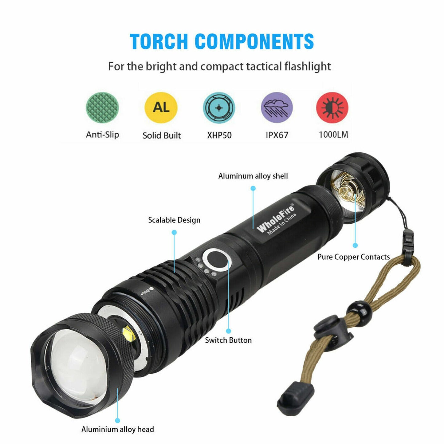 High Power 12000000 Lumen Ultra Bright Aluminum Flashlight LED Rechargeable UK